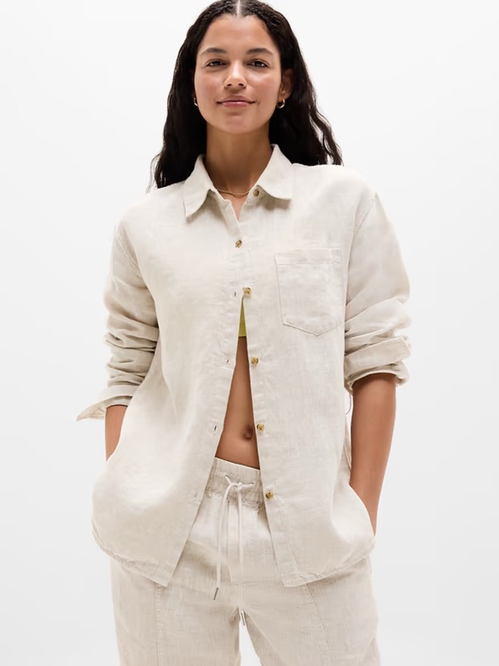 Athleta Retreat Linen Top Button-Up Shirt in Undyed Tan XXS